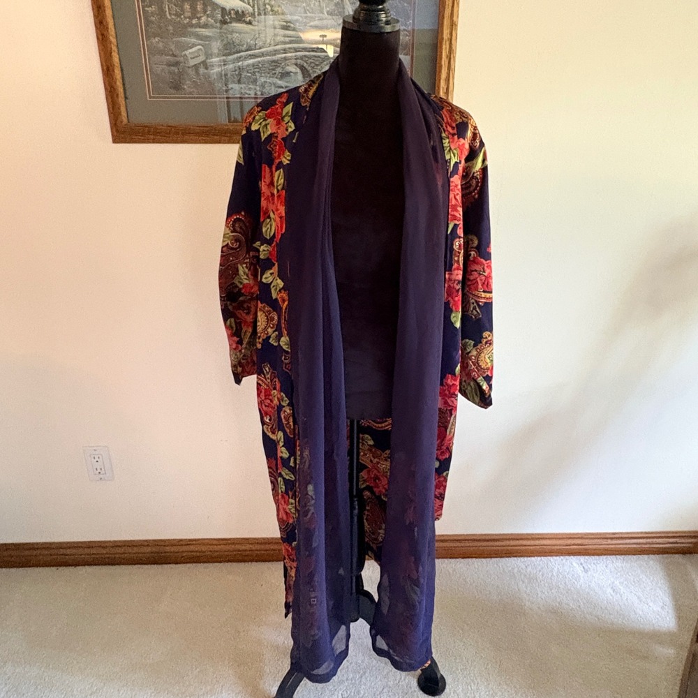 Vintage Victorias Secret Gold Label Floral Paisley Robe Navy Blue Duster P/S